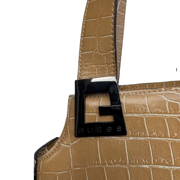 GUESS Tan Croc-Embossed Leather Double-Handle Shoulder Bag - Picture 3 of 12